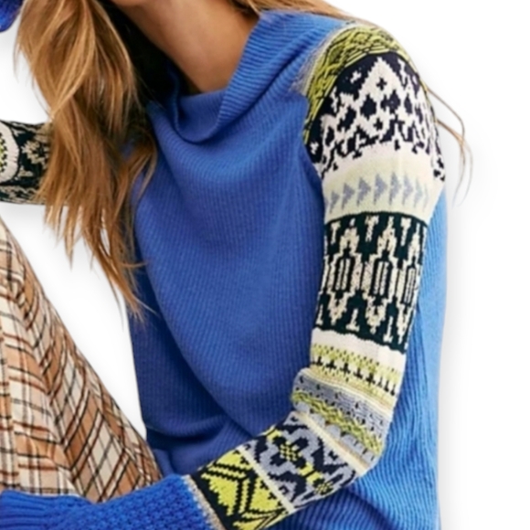 FREE PEOPLE Prism Sky Sweater Blue Bell Combo Top Sweater Mock Neck SMALL - Picture 4 of 5